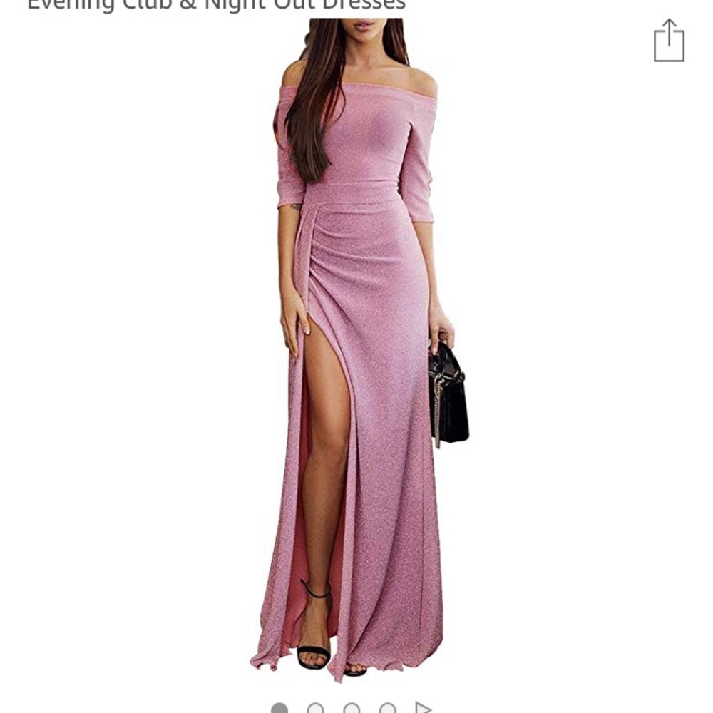 Off Shoulder Metallic Knit High Slit Evening Dress